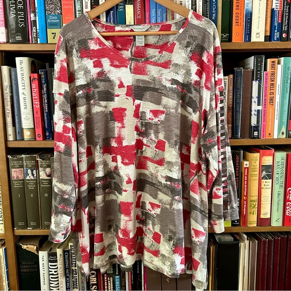 Multiples Tops - Multiples Red Gray Beige Abstract 3/4 Sleeves Top, size 2x